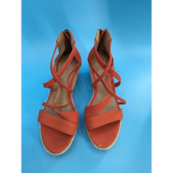Eileen Fisher Wanda Strappy Leather Wedge Sandals Espadrille Orange $195 NEW - Picture 2 of 7
